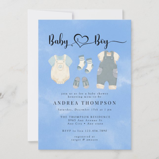 Watercolor Baby Clothes | Boy Baby Shower  Invitation (Front)