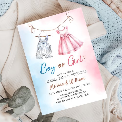 Watercolor Baby Clothes Gender Reveal Invitation