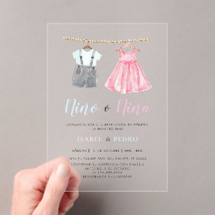 Watercolor Baby Clothes Spanish Gender Reveal Acrylic Invitations