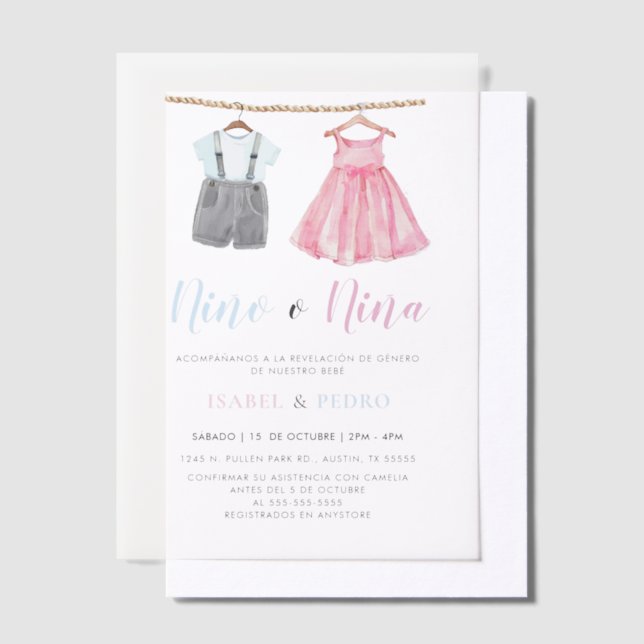 Watercolor Baby Clothes Spanish Gender Reveal Vellum Invitations (Offset)