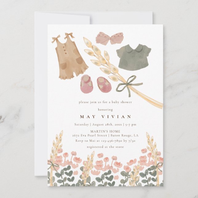 Watercolor Baby Clothes & Wheat Baby Shower Invitation (Front)