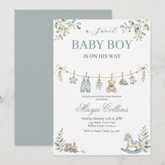 Watercolor Baby Clothesline Baby Shower Invitation