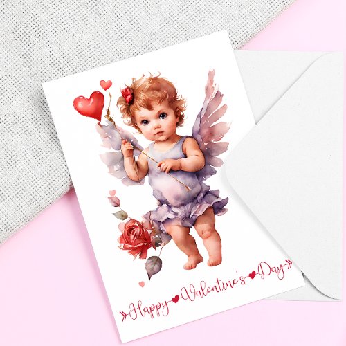 Watercolor baby Cupid Happy Valentines Day  Holiday Card