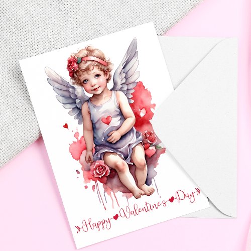 Watercolor baby Cupid Happy Valentines Day  Holiday Card