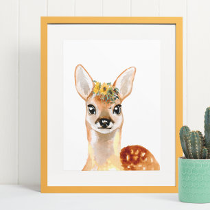 Watercolor Baby Deer Adorable Nursery Child Floral Poster