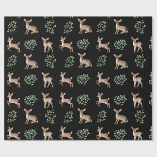 Watercolor Baby Deer and Leaves Pattern Wrapping Paper