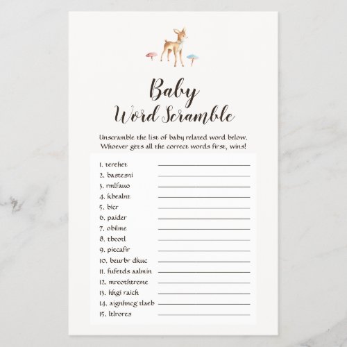 Watercolor Baby Deer Baby Word Scramble Game Flyer