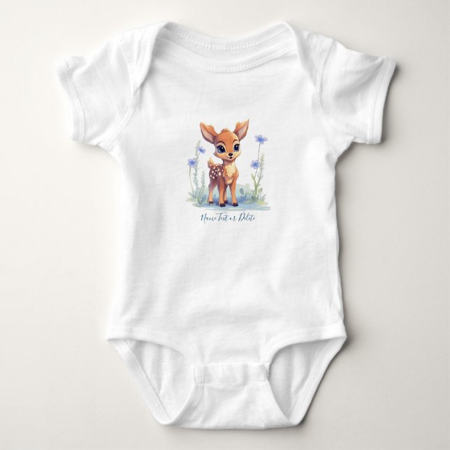 Watercolor Baby Deer Blue Flowers Baby Bodysuit (Front)