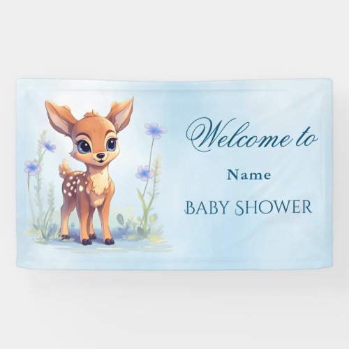 Watercolor Baby Deer Blue Flowers Baby Shower Banner