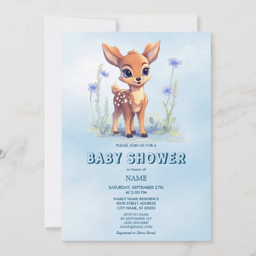 Watercolor Baby Deer Blue Flowers Baby Shower Invitation