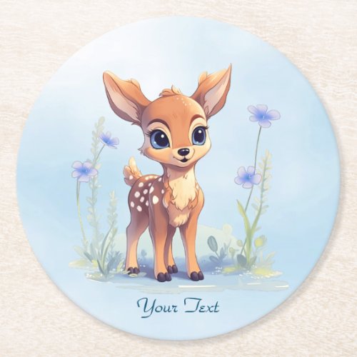 Watercolor Baby Deer Blue Flowers Paper Coaster