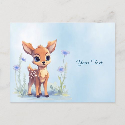 Watercolor Baby Deer Blue Flowers Postcard
