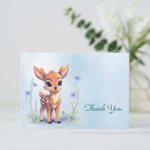 Watercolor Baby Deer Blue Flowers Thank You Card