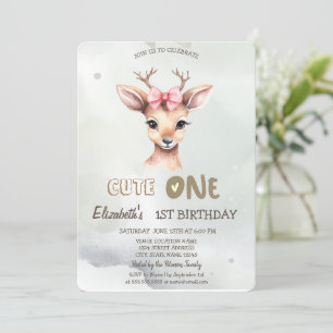 Watercolor Baby Deer Bow Green 1st Invitation