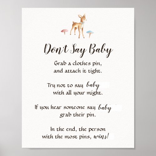 Watercolor Baby Deer Dont Say Baby Shower Game Poster