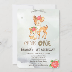 Watercolor Baby Deer Flower Green 1st  Invitation