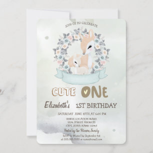 Watercolor Baby Deer Flower Roses Green 1st Invitation