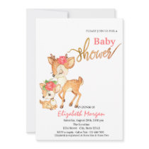 Watercolor Baby Deer Flowers Pink Baby Shower Invitation