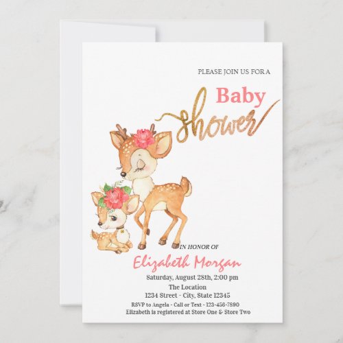 Watercolor Baby Deer Flowers Pink Baby Shower Invitation