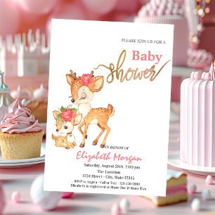 Watercolor Baby Deer Flowers Pink Baby Shower Invitation