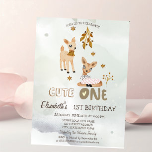Watercolor Baby Deer Green 1st Invitation