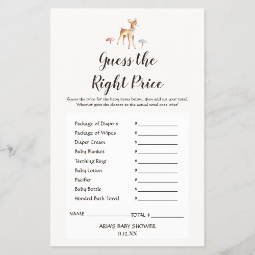 Watercolor Baby Deer Guess The Right Price Game Flyer