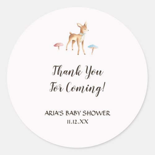 Watercolor Baby Deer Mushrooms Baby Shower Favor Classic Round Sticker