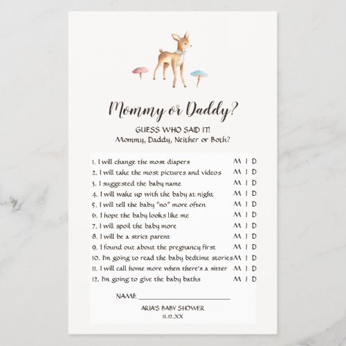 Watercolor Baby Deer Mushrooms Mommy or Daddy Game Flyer