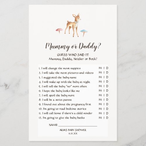 Watercolor Baby Deer Mushrooms Mummy or Daddy Game Flyer