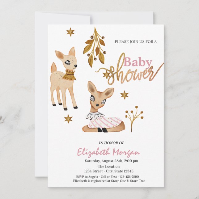 Watercolor Baby Deer Pink Baby Shower Invitation (Front)