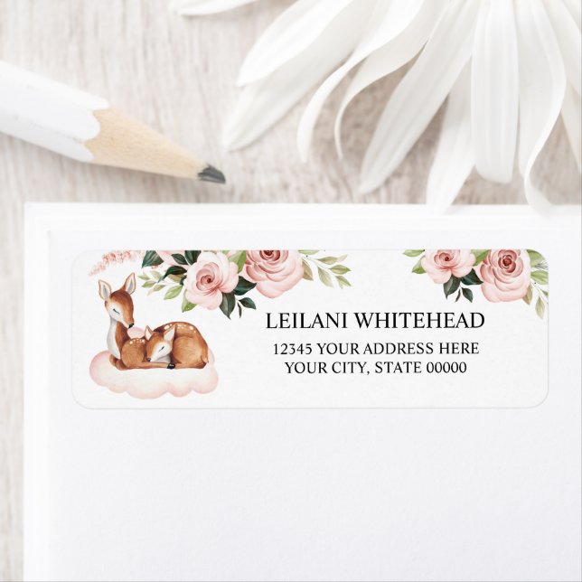 Watercolor Baby Deer Pink Floral Baby Shower Label (Insitu)