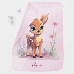 Watercolor Baby Deer Pink Flowers Baby Blanket