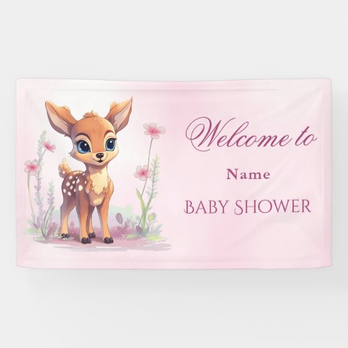 Watercolor Baby Deer Pink Flowers Baby Shower Banner