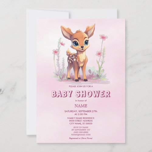 Watercolor Baby Deer Pink Flowers Baby Shower Invitation