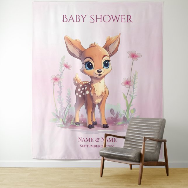 Watercolor Baby Deer Pink Flowers Backdrop (In Situ)