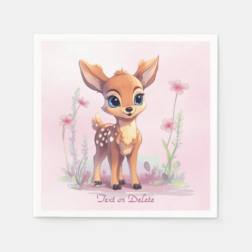 Watercolor Baby Deer Pink Flowers Napkins