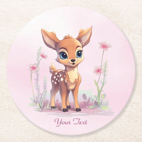 Watercolor Baby Deer Pink Flowers Paper Coaster