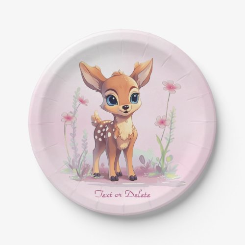 Watercolor Baby Deer Pink Flowers Paper Plate