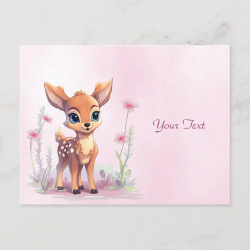 Watercolor Baby Deer Pink Flowers Postcard