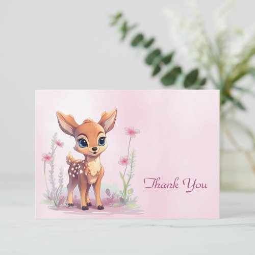 Watercolor Baby Deer Pink Flowers Thank You Card