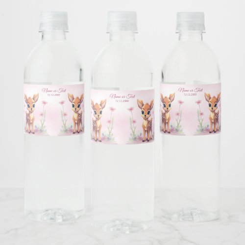 Watercolor Baby Deer Pink Flowers Water Bottle Label