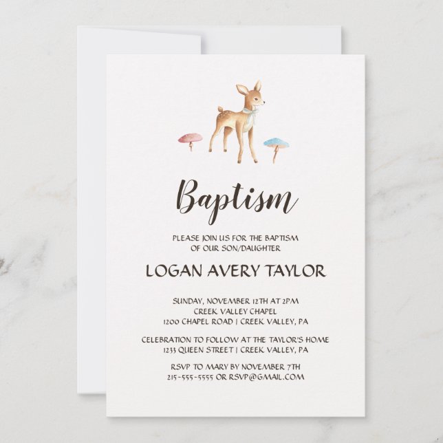 Watercolor Baby Deer with Mushroom Baptism Invitation (Front)
