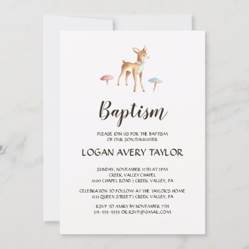 Watercolor Baby Deer with Mushroom Baptism Invitation