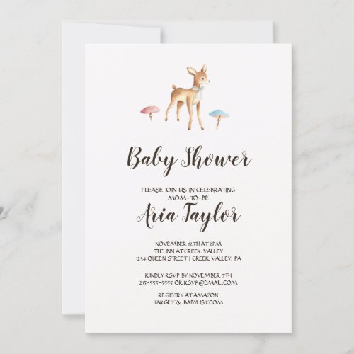 Watercolor Baby Deer with Mushrooms Baby Shower Invitation