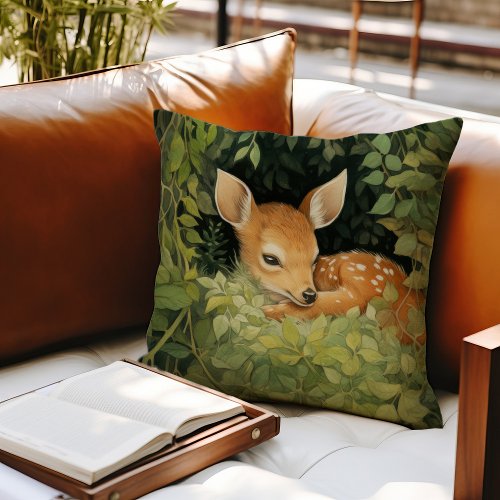 Watercolor Baby Deer Woodland Greenery Throw Pillow
