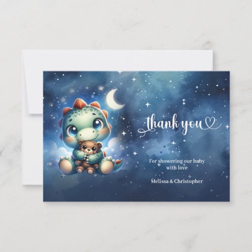 Watercolor baby dino at starry night Baby Shower Thank You Card