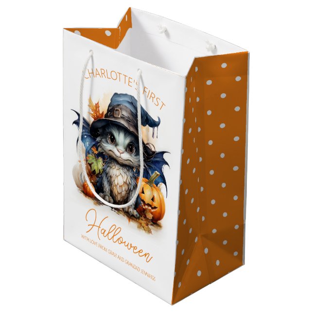 Watercolor Baby Dragon Customizable Halloween Medium Gift Bag (Back Angled)