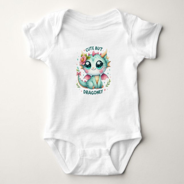 Watercolor baby dragon cute but dragoney floral bodysuit (Front)