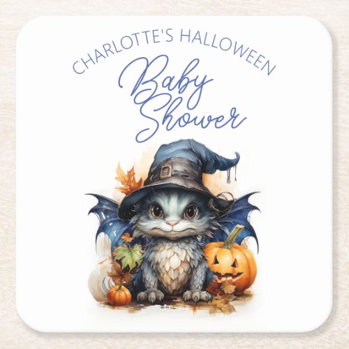 Watercolor Baby Dragon Halloween Baby Shower Square Paper Coaster