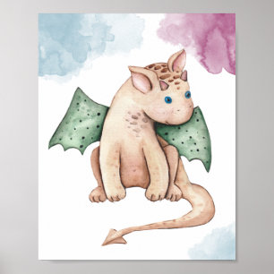 Watercolor Baby Dragon Whimsical Fantasy Nursery  Poster